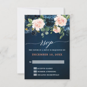 Navy Blue Blush Pink Rose Boho Wedding RSVP Kaartje