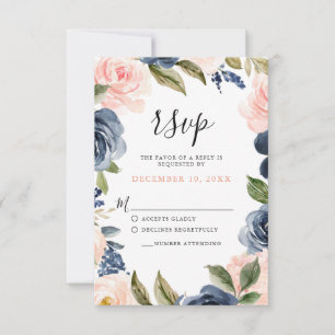 Navy Blue Blush Pink Rose Boho Wedding RSVP Kaartje