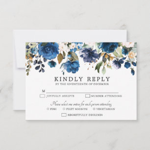 Navy Blue Blush Pink Rose Boho Wedding RSVP Kaartje