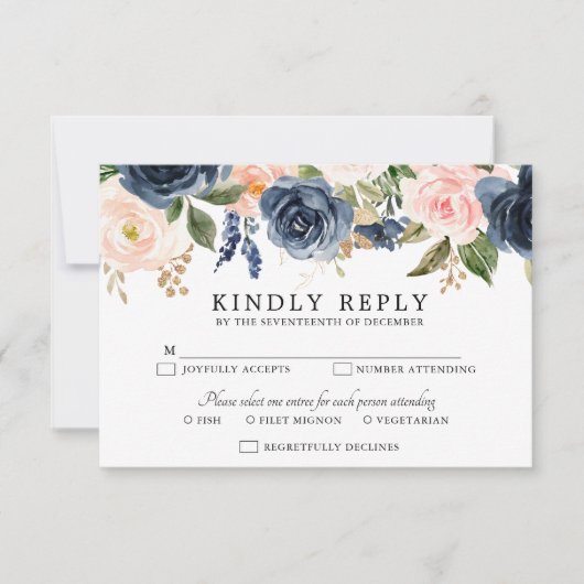 Navy Blue Blush Pink Rose Boho Wedding RSVP Kaartje (Voorkant)