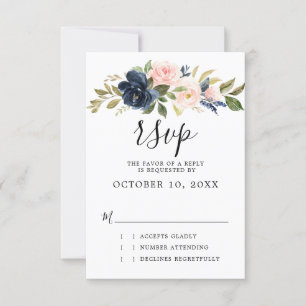 Navy Blue Blush Pink Rose Boho Wedding RSVP Kaartje