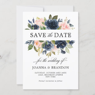 Navy Blue Blush Pink Rose Boho Wedding Save The Date