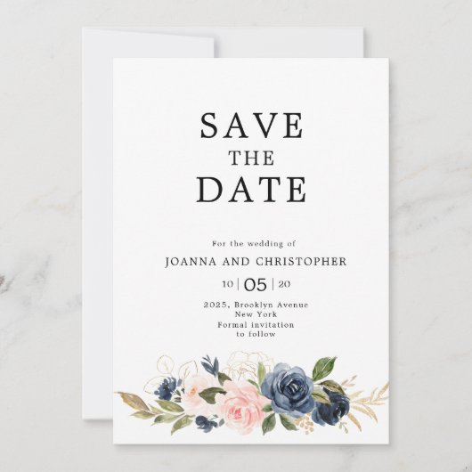 Navy Blue Blush Pink Rose Boho Wedding Save The Date (Voorkant)