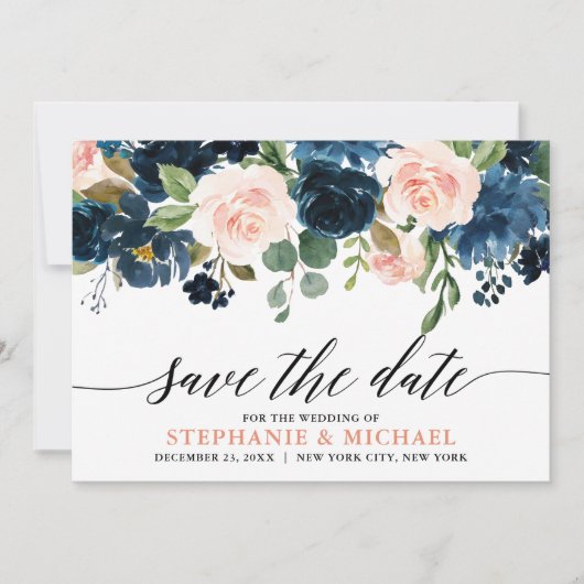 Navy Blue Blush Pink Rose Boho Wedding Save The Date (Voorkant)