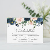 Navy Blue Blush Pink Rose Botanical RSVP Kaartje (Staand voorkant)