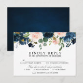 Navy Blue Blush Pink Rose Botanical RSVP Kaartje (Voorkant / Achterkant)
