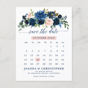 Navy Blue Blush Pink Rose Botanical Save the Date Aankondigingskaart