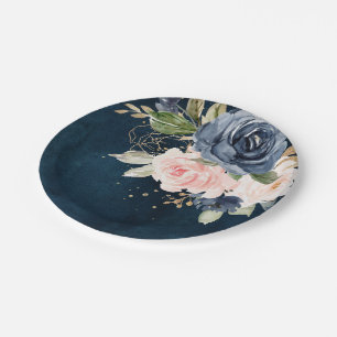 Navy Blue Blush Pink Rose Botanical Weddenschap Papieren Bordje