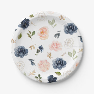 Navy Blue Blush Pink Rose Botanical Weddenschap Papieren Bordje