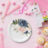 Navy Blue Blush Pink Rose Botanical Weddenschap Papieren Bordje (Feest)