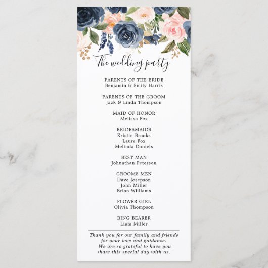 Navy Blue Blush Pink Rose Botanical Weddenschap Programma (Achterkant)