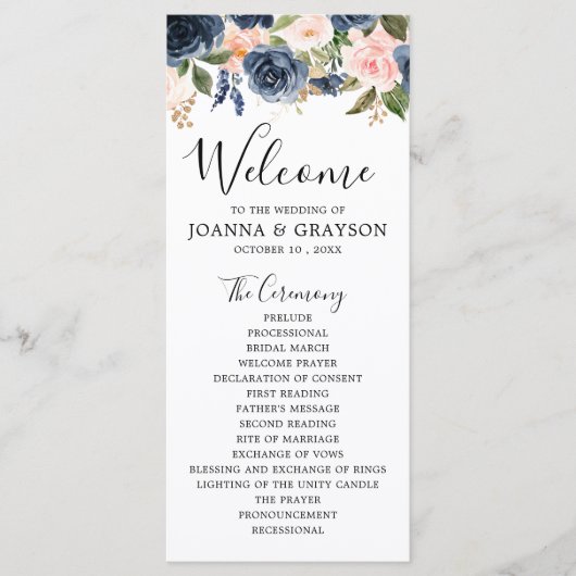 Navy Blue Blush Pink Rose Botanical Weddenschap Programma (Voorkant)