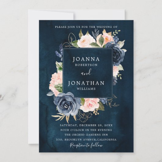 Navy Blue Blush Pink Rose Gold Boho Wedding Kaart (Voorkant)