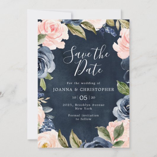Navy Blue Blush Pink Rose Gold Boho Wedding Save The Date (Voorkant)