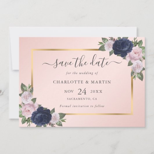 Navy Blue Blush Pink Rose Gold Wedding Save The Date (Voorkant)