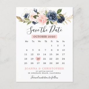 Navy Blue Blush Pink Rose Kalender Sla de datum op Aankondigingskaart