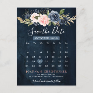 Navy Blue Blush Pink Rose Kalender Sla de datum op Aankondigingskaart