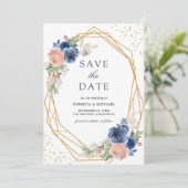 Navy Blue Blush Pink Roses Geometrische bruiloft Save The Date (Staand voorkant)