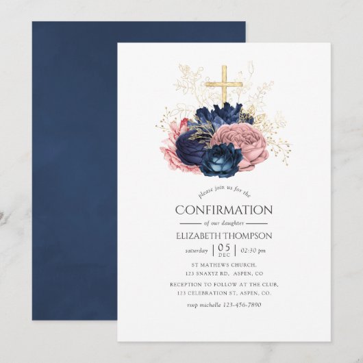 Navy Blue & Blush Pink Rozen Bevestiging Kaart (Voorkant / Achterkant)