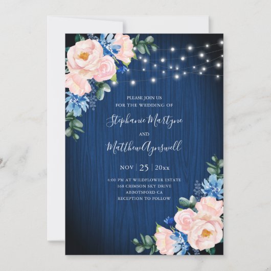Navy Blue Blush Pink String Lights Bloemen Huwelij Kaart (Voorkant)