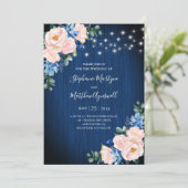Navy Blue Blush Pink String Lights Bloemen Huwelij Kaart (Staand voorkant)
