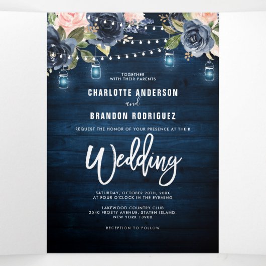 Navy Blue Blush Pink String Lights Drievoudig huwe Drieluik Aankondiging (Binnenkant midden)