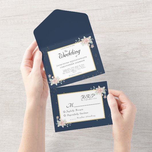 Navy Blue Blush Pink Wedding All In One Uitnodiging (Afscheurbaar)