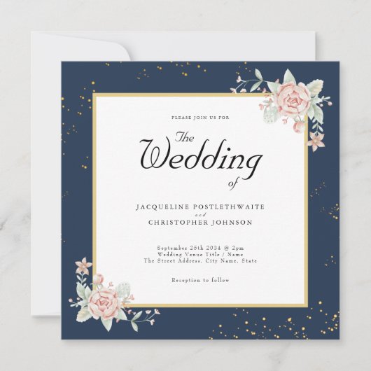 Navy Blue Blush Pink Wedding Invitation Kaart (Voorkant)
