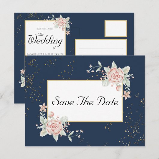 Navy Blue Blush Pink Wedding Save the Date Briefkaart (Voorkant / Achterkant)