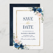 Navy Blue Blush Roos Geometric Save the date (Voorkant / Achterkant)