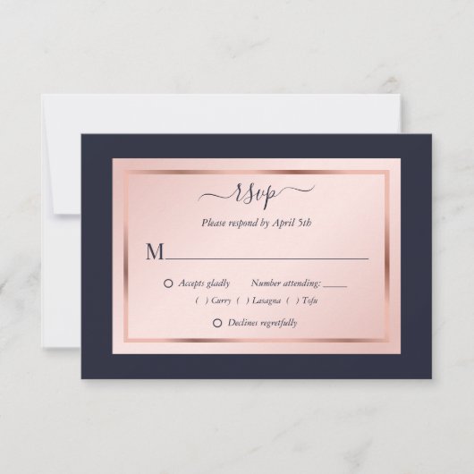 Navy Blue Blush Roos Gold Wedding RSVP Kaartje (Voorkant)