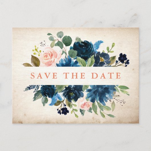 Navy Blue Blush Roos Rustic Boho Save the Date Aankondigingskaart (Voorkant)