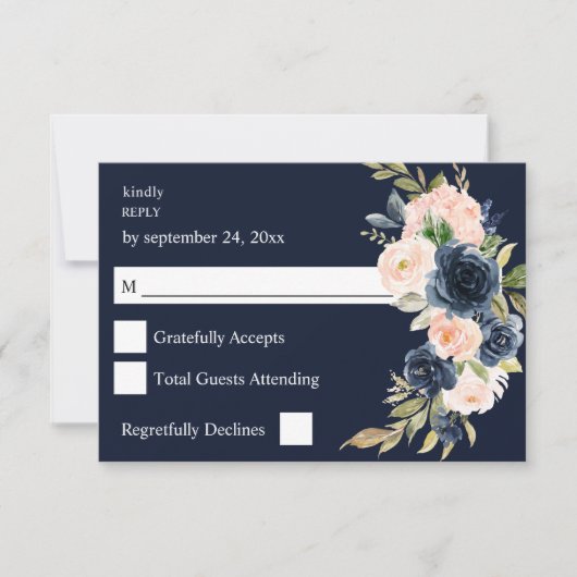 Navy Blue & Blush Rose Floral no Meal RSVP - Navy (Devant)