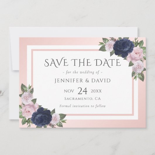 Navy Blue Blush Roze Bloemen Bruiloft Save The Dat Date (Voorkant)