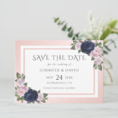 Navy Blue Blush Roze Bloemen Bruiloft Save The Dat Date (Staand voorkant)