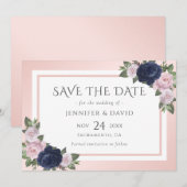 Navy Blue Blush Roze Bloemen Bruiloft Save The Dat Date (Voorkant / Achterkant)