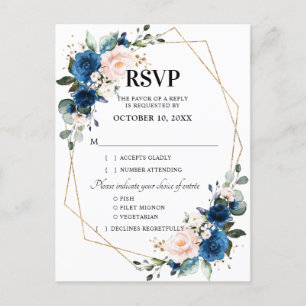 Navy Blue Blush Roze Bloemen Geometrische RSVP Briefkaart