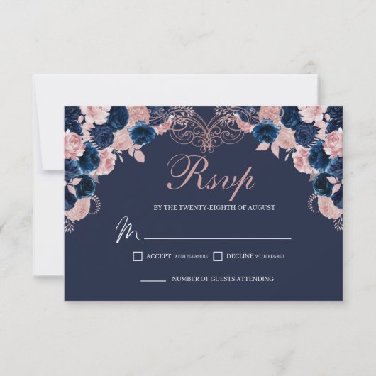Navy Blue & Blush Roze Bloemen RSVP Behuizing Kaar (Voorkant)