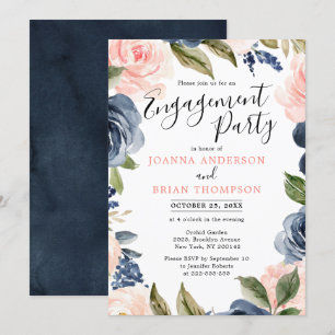 Navy Blue Blush Roze Boho Engagement Party Kaart
