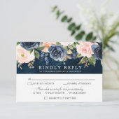 Navy Blue Blush Roze Boho Wedding RSVP Card (Staand voorkant)