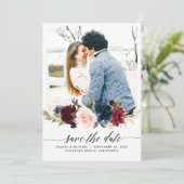 Navy Blue Blush Roze Bourgondië Roos Foto Save The Date (Staand voorkant)