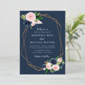 Navy blue blush roze bruiloft kaart (Staand voorkant)