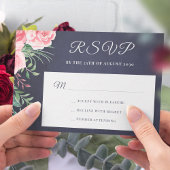 Navy blue blush roze floral budget bruiloft RSVP Notitiekaartje