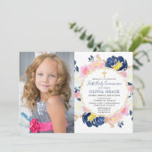 Navy blue blush roze floral first commune foto kaart (Staand voorkant)