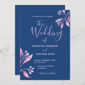 Navy blue blush roze florale botanische bruiloft kaart (Voorkant / Achterkant)