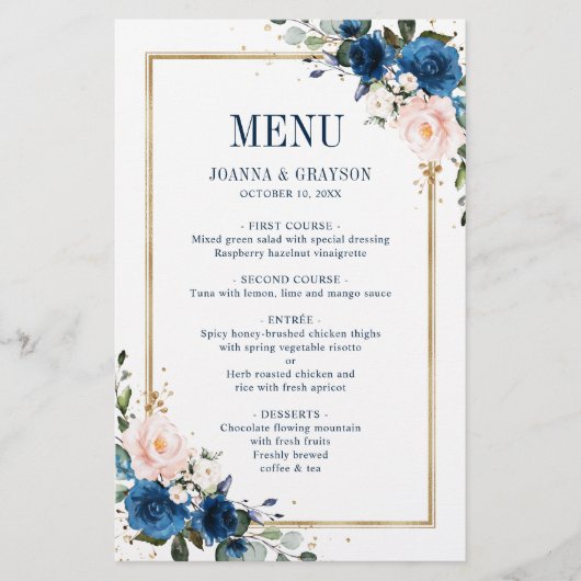 Navy Blue Blush Roze Geometric WeddenMenu (Voorkant)