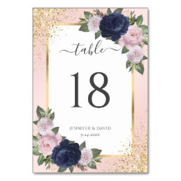 Navy Blue Blush Roze Goud Confetti Bloemen Huwelij Kaart