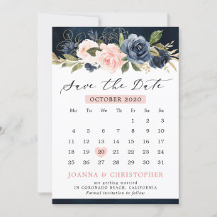 Navy Blue Blush Roze Rose Bloemenkalender Save The Date