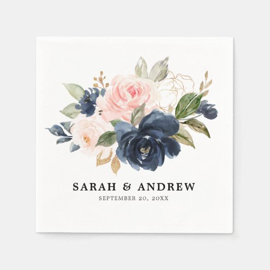 Navy Blue Blush roze Rose Botanical Servet (Voorkant)