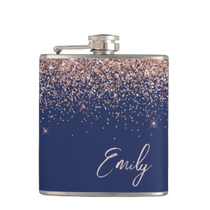 Navy Blue Blush roze Rose Gold Glitter Monogram Heupfles